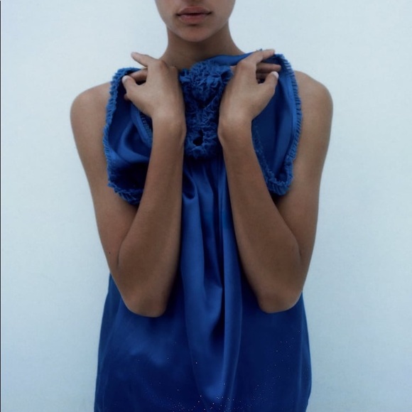 NWT Zara HIGH COLLAR BLUE SATIN EFFECT TOP - Picture 3 of 11